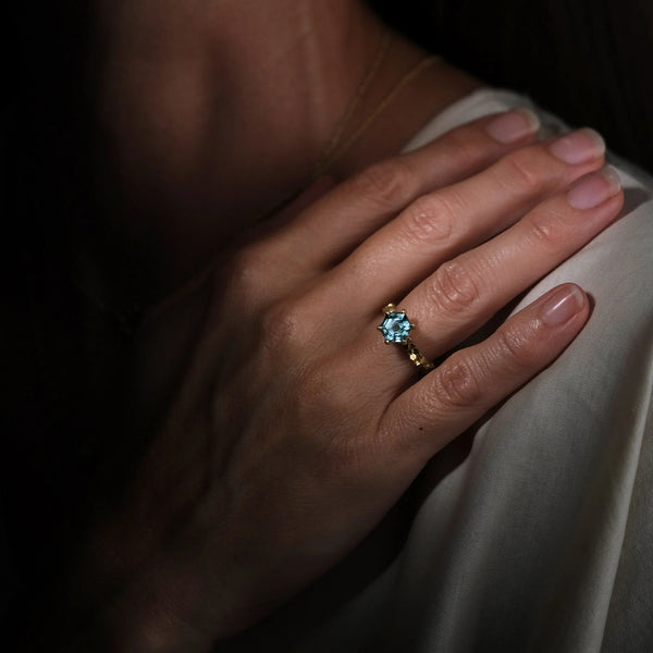 Double Hex Ring with Hexagonal Light Teal Tourmaline