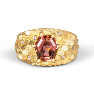 Tapered Hex Ring with Peachy Pink Tourmaline and Diamonds