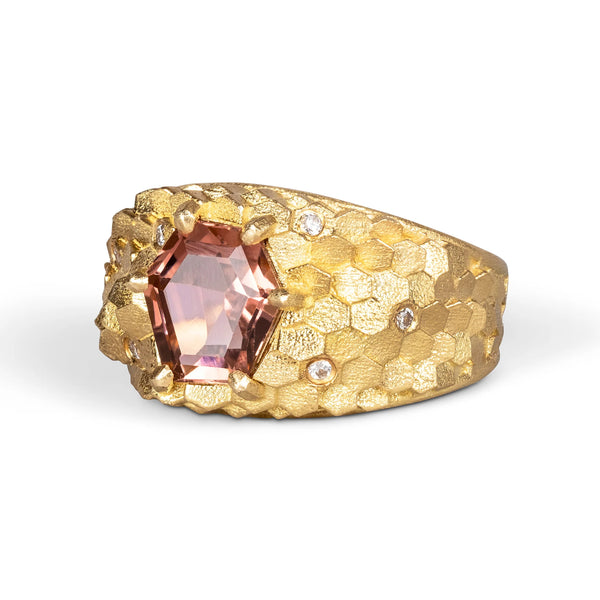 Tapered Hex Ring with Peachy Pink Tourmaline and Diamonds