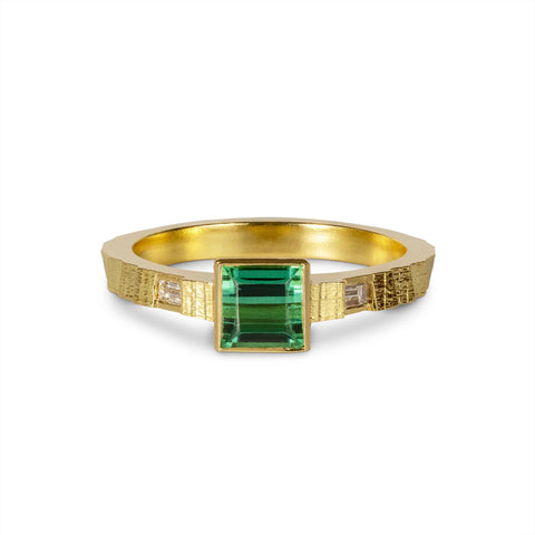 Square Green Tourmaline and Diamond Ring