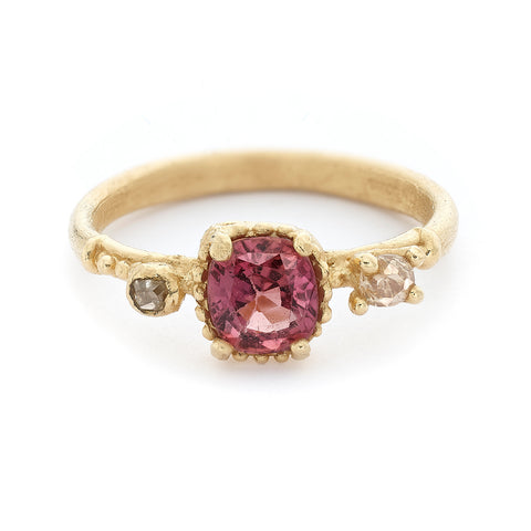 Pink Sapphire Solitaire Ring with Champagne Diamonds