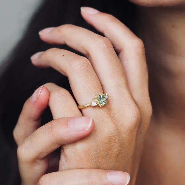 Spring Green Oval Sapphire Cluster Ring