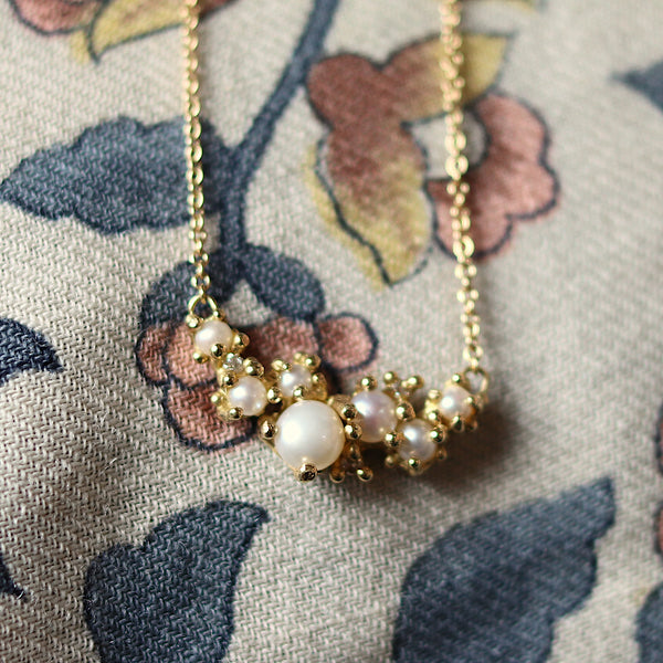 Pearl and Diamond Cluster Bar Necklace