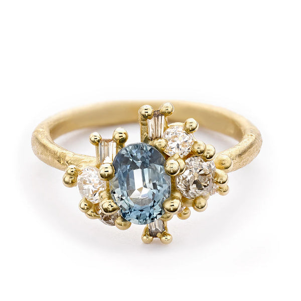 Pale Teal Sapphire and Diamond Sweeping Cluster Ring