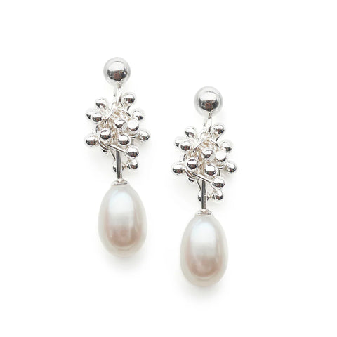 Silver Pearl Molecular Drop Earrings