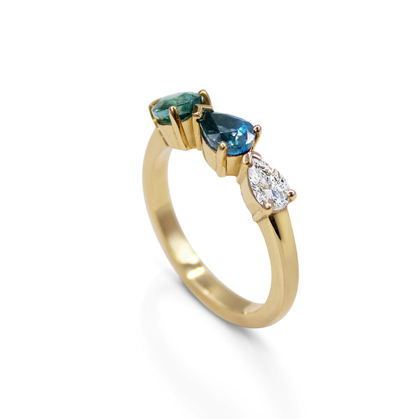 Bagru Triple Pear Sapphire and Diamond Ring