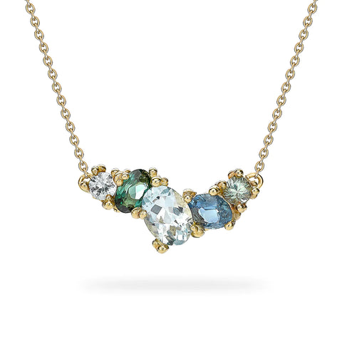 Aquamarine and Sapphire Asymmetric Cluster Bar Necklace