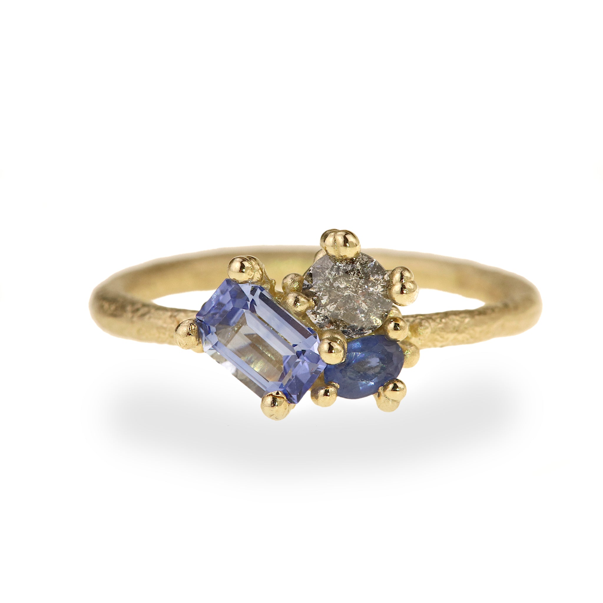 Blue Sapphire and Diamond Asymmetric Cluster Ring