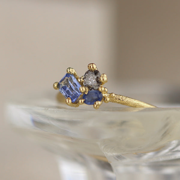 Blue Sapphire and Diamond Asymmetric Cluster Ring