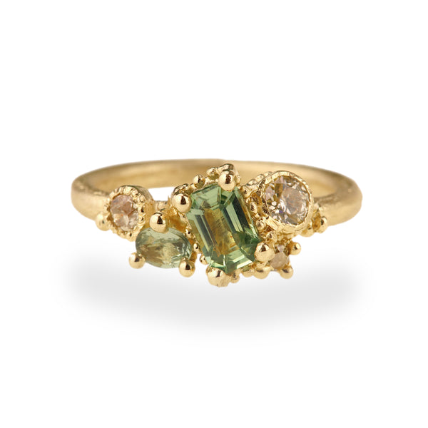 Emerald Cut Green Sapphire Asymmetric Cluster Ring