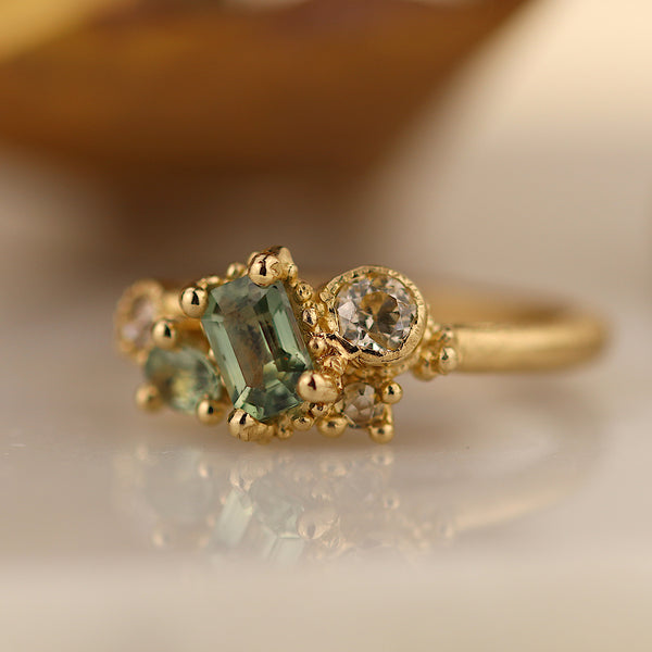 Emerald Cut Green Sapphire Asymmetric Cluster Ring