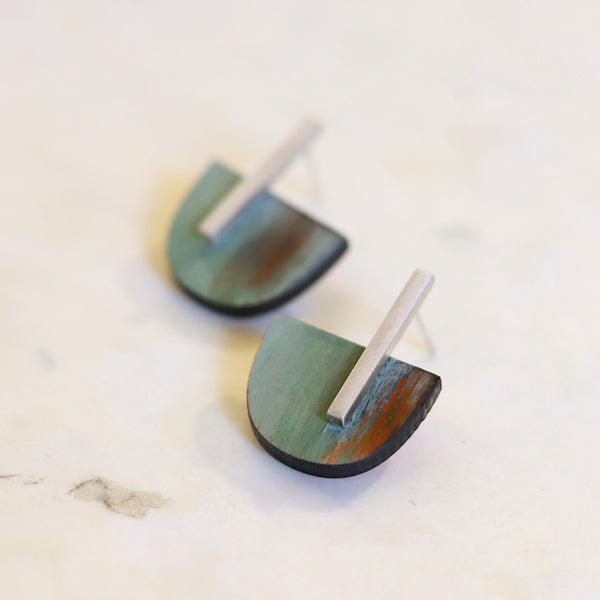 Teal and Silver Wooden Earrings