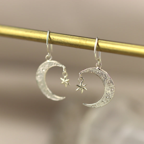 Silver Crescent Moon And Star Earrings