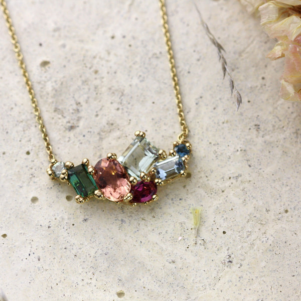 Encrusted Tourmaline and Aquamarine Bar Necklace