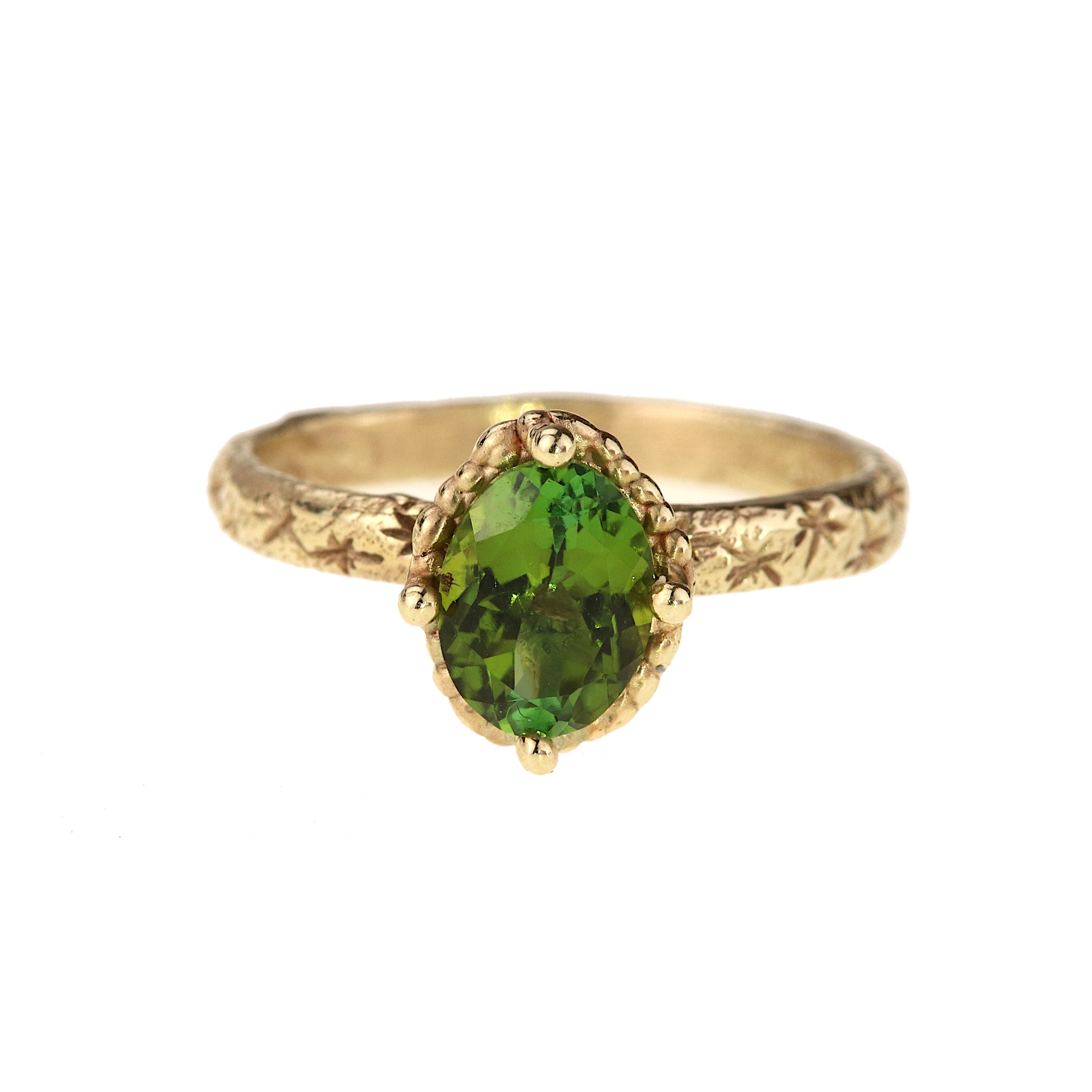 Green Tourmaline Engraved Solitaire Ring