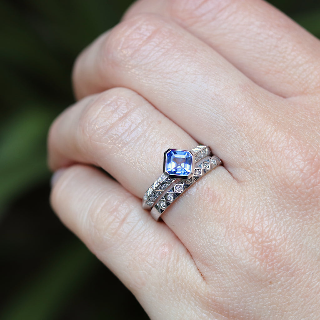 Asscher Cut Blue Sapphire Engagement Ring, Engagement Ring With Trillion  Accents, Moissanite Ring, 14K White Gold Blue Sapphire Ring, 6815 - Etsy