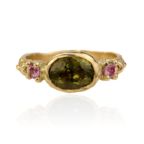 Tourmaline and Sapphire Carved Trilogy Ring