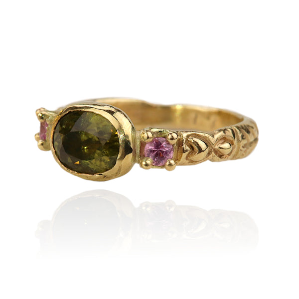 Tourmaline and Sapphire Carved Trilogy Ring