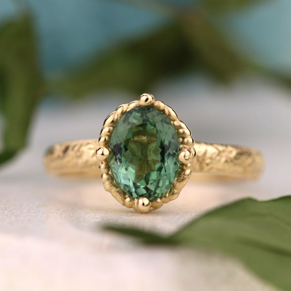 Oval Teal Tourmaline Solitaire Ring