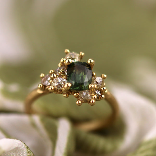 Green Sapphire and Diamond Sweeping Cluster Ring