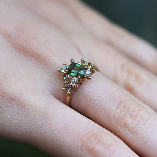 Green Sapphire and Diamond Sweeping Cluster Ring