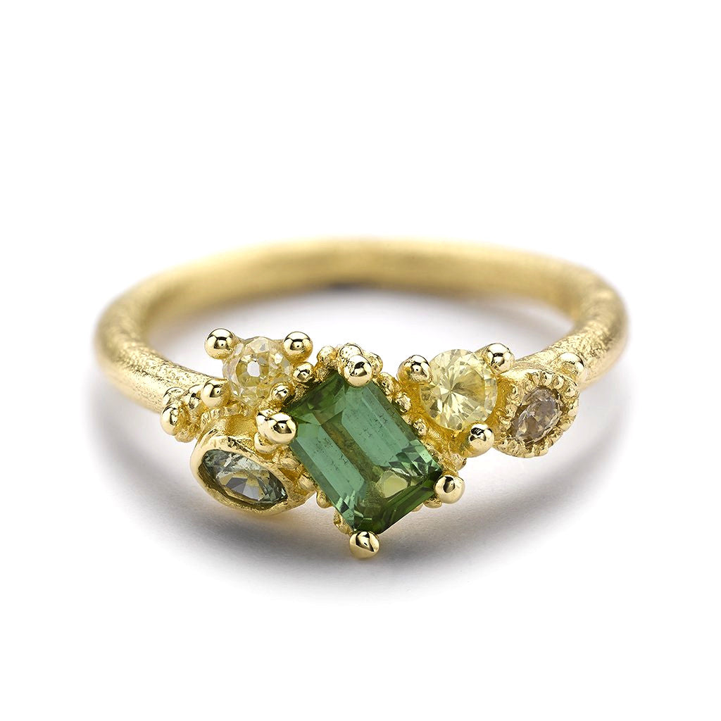 Emerald Cut Tourmaline Asymmetric Cluster Ring