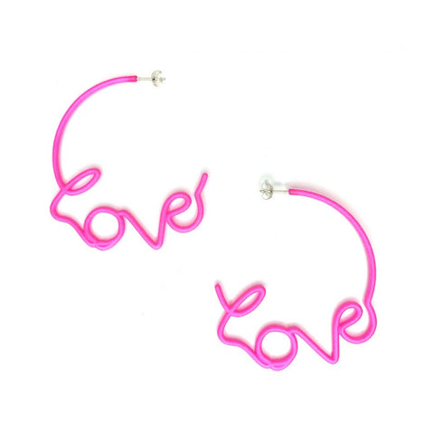 Medium LOVE Hoop Earrings Neon Pink