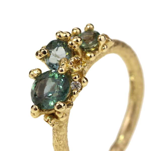 Teal Sapphire And Diamond Ring With Barnacles