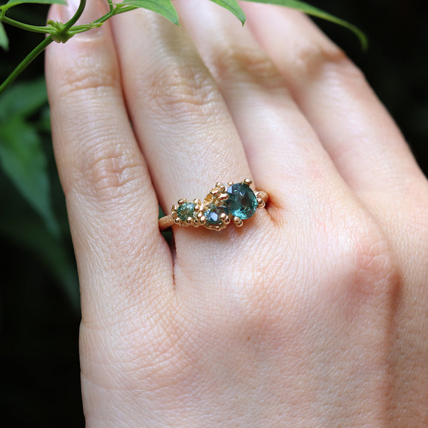 Teal Sapphire And Diamond Ring With Barnacles