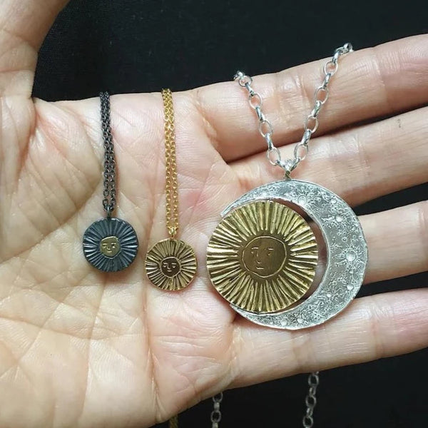 Large Crescent Moon And Spinning Gold Sun Necklace