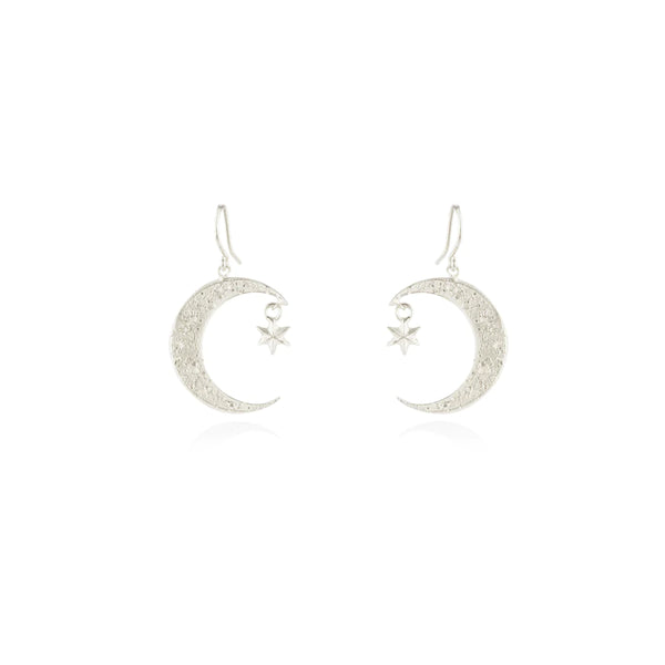 Silver Crescent Moon And Star Earrings