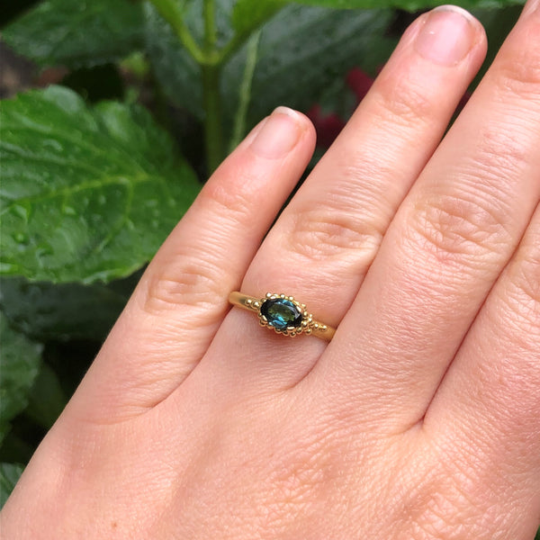 Yellow Gold and Oval Teal Tourmaline Cluster Ring