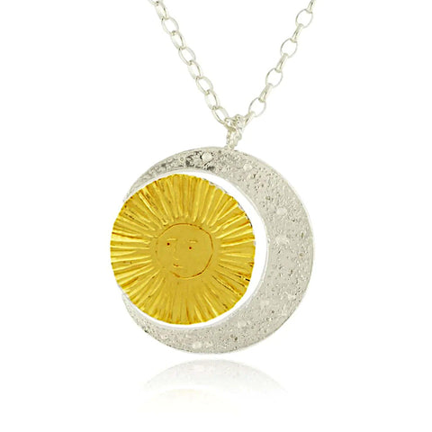 Large Crescent Moon And Spinning Gold Sun Necklace