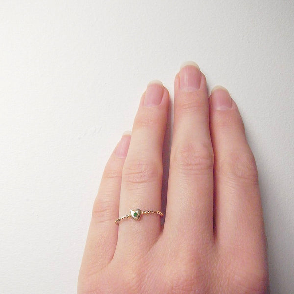 Tiny Gold Heart Ring With An Emerald